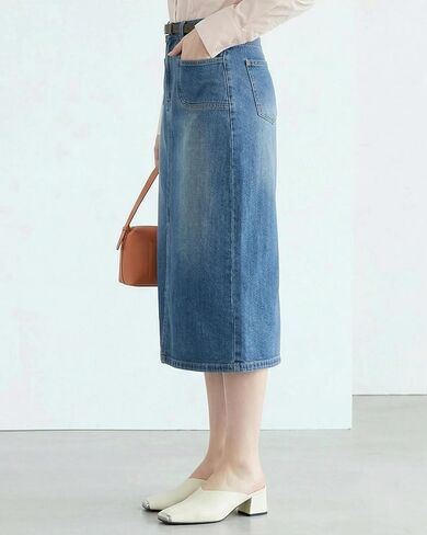 Midi Denim Skirts for Women Long Stretch Casual High Waist Below Knee Pencil Jean Skirt with Slit in Kuwait