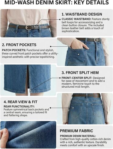Midi Denim Skirts for Women Long Stretch Casual High Waist Below Knee Pencil Jean Skirt with Slit in Kuwait