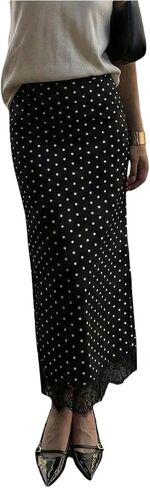 SweatyRocks Women's Polka Dots Lace Trim Fishtail Maxi Skirt Elegant High Waisted Flowy Long Skirts in Kuwait