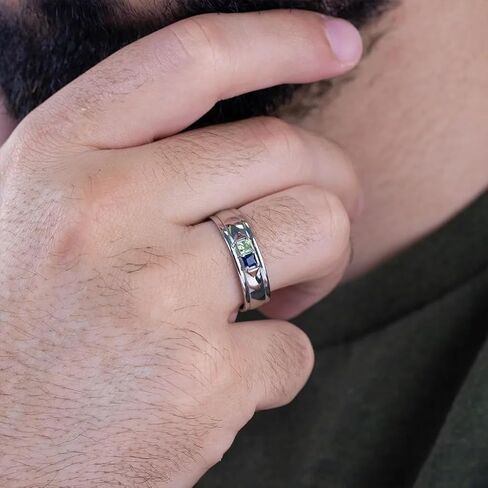 JEWLR Men’s Timeless Two‑Stone Ring – Princess‑Cut Simulated Birthstone Band in Sterling Silver or Gold - Personalized Engraved Wedding Band, Father’s Ring, or Couple’s Ring in Kuwait