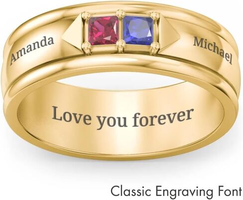 JEWLR Men’s Timeless Two‑Stone Ring – Princess‑Cut Simulated Birthstone Band in Sterling Silver or Gold - Personalized Engraved Wedding Band, Father’s Ring, or Couple’s Ring in Kuwait