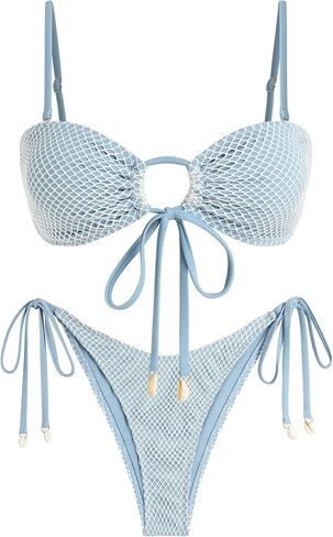 ZAFUL Women's Bandeau Bikini Set O Ring Fishnet String Swimsuit Seashell Tie Side Two Piece Bathing Suits in Kuwait