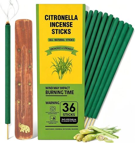 Citronella Incense Sticks Outdoor, 36 Pack Citronella Incense with Holder, Burns Up to 100 Hours, Natural Incense Stick for Outside Patio Camping Backyard Balcony Yard Picnic Outdoor Indoor Use in Saudi Arabia