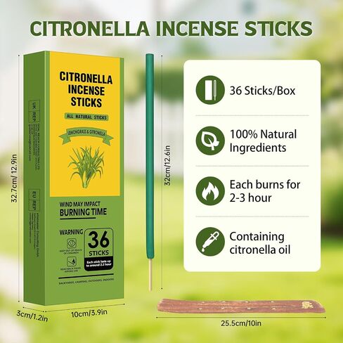 Citronella Incense Sticks Outdoor, 36 Pack Citronella Incense with Holder, Burns Up to 100 Hours, Natural Incense Stick for Outside Patio Camping Backyard Balcony Yard Picnic Outdoor Indoor Use in Saudi Arabia