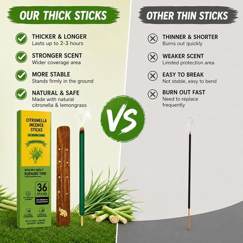 Citronella Incense Sticks Outdoor, 36 Pack Citronella Incense with Holder, Burns Up to 100 Hours, Natural Incense Stick for Outside Patio Camping Backyard Balcony Yard Picnic Outdoor Indoor Use in Saudi Arabia