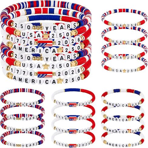 24 Pcs 250th Anniversary USA Bracelet Bulk Patriotic Red White Blue Clay Beaded Stackable Stretch Bracelets 4th of July Accessories American Birthday Jewelry Gift for Independence Day Party Favor in Saudi Arabia