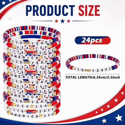 24 Pcs 250th Anniversary USA Bracelet Bulk Patriotic Red White Blue Clay Beaded Stackable Stretch Bracelets 4th of July Accessories American Birthday Jewelry Gift for Independence Day Party Favor in Saudi Arabia