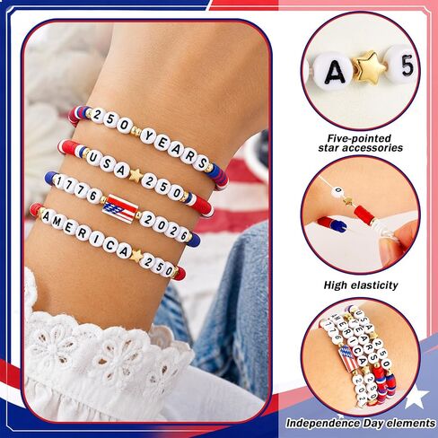 24 Pcs 250th Anniversary USA Bracelet Bulk Patriotic Red White Blue Clay Beaded Stackable Stretch Bracelets 4th of July Accessories American Birthday Jewelry Gift for Independence Day Party Favor in Saudi Arabia