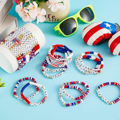 24 Pcs 250th Anniversary USA Bracelet Bulk Patriotic Red White Blue Clay Beaded Stackable Stretch Bracelets 4th of July Accessories American Birthday Jewelry Gift for Independence Day Party Favor in Saudi Arabia