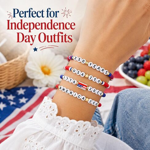 24 Pcs 250th Anniversary USA Bracelet Bulk Patriotic Red White Blue Clay Beaded Stackable Stretch Bracelets 4th of July Accessories American Birthday Jewelry Gift for Independence Day Party Favor in Saudi Arabia