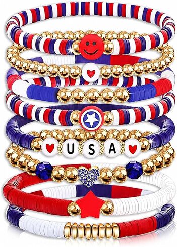 Go Ho 4th of July Outfits for Women: 8 Pack Patriotic Red White and Blue Beaded Stackable Stretch Bracelets Set with USA Letter,Star & Smile Charms,Fourth of July Decorations Accessories Shirts Outfits in Saudi Arabia