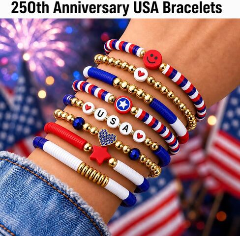 Go Ho 4th of July Outfits for Women: 8 Pack Patriotic Red White and Blue Beaded Stackable Stretch Bracelets Set with USA Letter,Star & Smile Charms,Fourth of July Decorations Accessories Shirts Outfits in Saudi Arabia