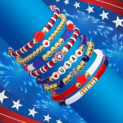 Go Ho 4th of July Outfits for Women: 8 Pack Patriotic Red White and Blue Beaded Stackable Stretch Bracelets Set with USA Letter,Star & Smile Charms,Fourth of July Decorations Accessories Shirts Outfits in Saudi Arabia