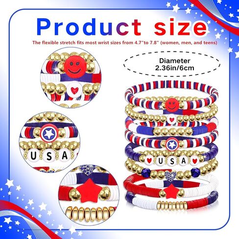 Go Ho 4th of July Outfits for Women: 8 Pack Patriotic Red White and Blue Beaded Stackable Stretch Bracelets Set with USA Letter,Star & Smile Charms,Fourth of July Decorations Accessories Shirts Outfits in Saudi Arabia