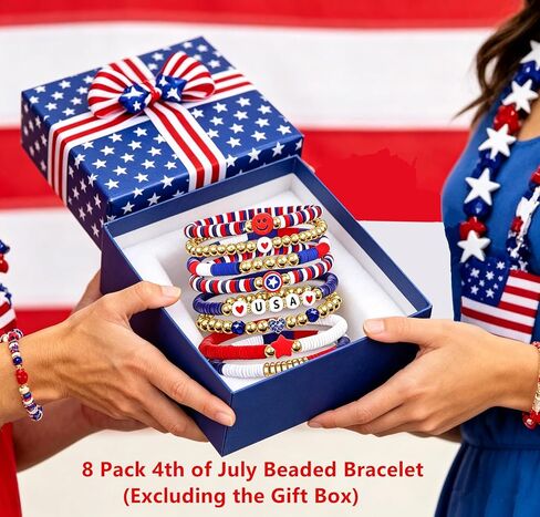 Go Ho 4th of July Outfits for Women: 8 Pack Patriotic Red White and Blue Beaded Stackable Stretch Bracelets Set with USA Letter,Star & Smile Charms,Fourth of July Decorations Accessories Shirts Outfits in Saudi Arabia