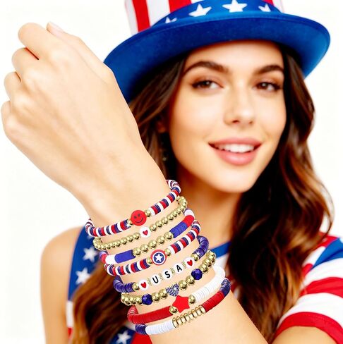 Go Ho 4th of July Outfits for Women: 8 Pack Patriotic Red White and Blue Beaded Stackable Stretch Bracelets Set with USA Letter,Star & Smile Charms,Fourth of July Decorations Accessories Shirts Outfits in Saudi Arabia