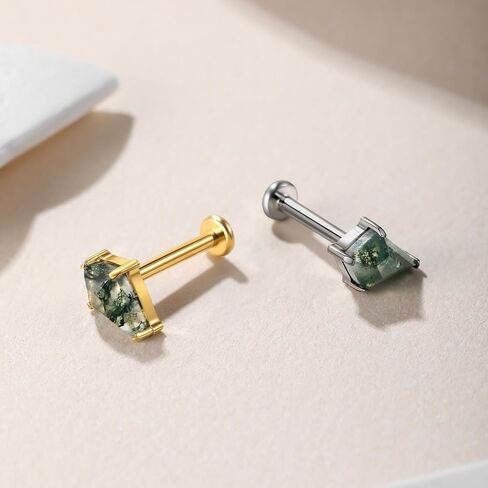 1PC ASTM F136 Titanium Push Pin Moss Agate Stone Flat Back Earrings 16G 8mm for Helix Conch Tragus in Saudi Arabia