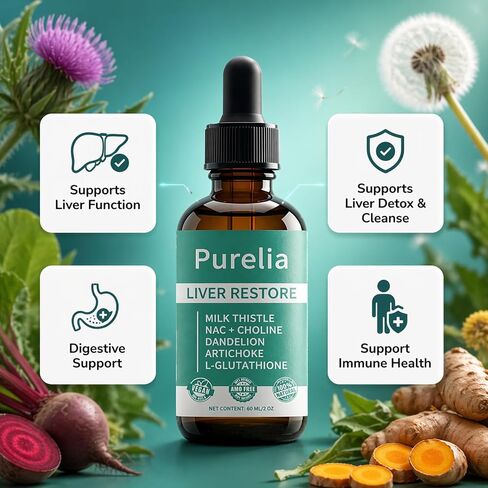 Purelia Liver Restore - Complete Liver Detox Support Liquid Drops with Milk Thistle, Dandelion, Choline, L-Glutathione for Liver Cleanse (1) in Saudi Arabia