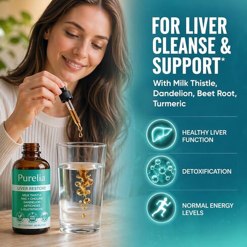 Purelia Liver Restore - Complete Liver Detox Support Liquid Drops with Milk Thistle, Dandelion, Choline, L-Glutathione for Liver Cleanse (1) in Saudi Arabia