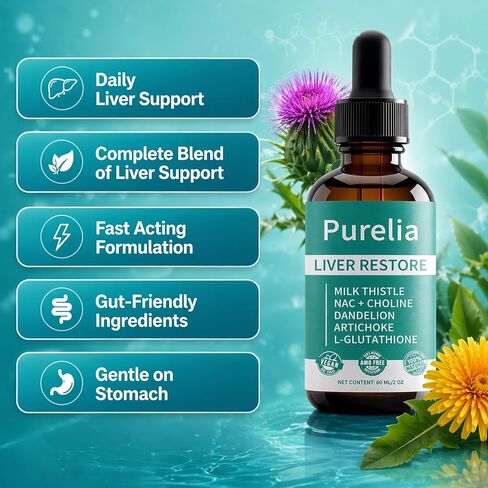 Purelia Liver Restore - Complete Liver Detox Support Liquid Drops with Milk Thistle, Dandelion, Choline, L-Glutathione for Liver Cleanse (1) in Saudi Arabia
