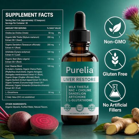 Purelia Liver Restore - Complete Liver Detox Support Liquid Drops with Milk Thistle, Dandelion, Choline, L-Glutathione for Liver Cleanse (1) in Saudi Arabia