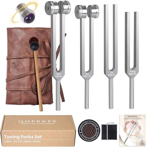Tuning Forks for Healing Set - 128Hz,136.1Hz,256Hz,384Hz Weighted & Unweighted, Crystal Base, Activator, Mallet, Leather Pouch, Chakra Sound Healing Tools for Meditation, Yoga, Stress Relief in Saudi Arabia