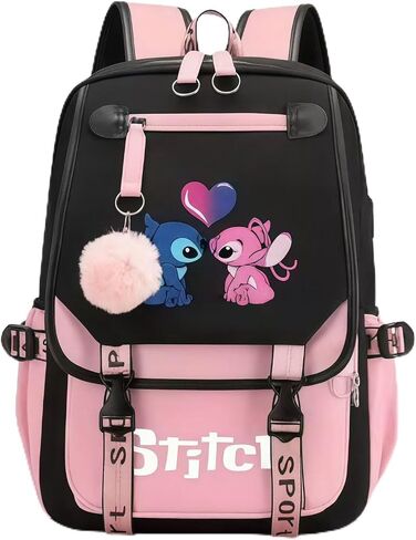 Stitch School Backpack Cute Daypack Rainbow Bookbag Pink Schoolbag Kid Backpack For Gifts (Stitch-2) in Kuwait