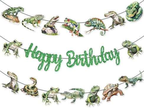 3Pcs Reptile Happy Birthday Banner Set - Green Glitter "Happy Birthday" + 2 Frog Lizard Snake Garlands, Pre-Assembled, for Reptile Themed Birthday Party Supplies in Kuwait