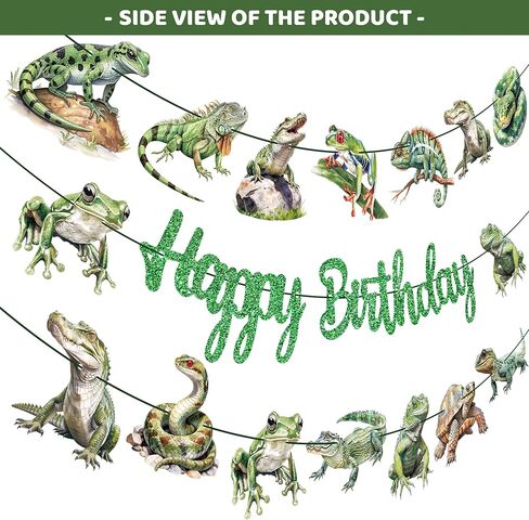 3Pcs Reptile Happy Birthday Banner Set - Green Glitter "Happy Birthday" + 2 Frog Lizard Snake Garlands, Pre-Assembled, for Reptile Themed Birthday Party Supplies in Kuwait