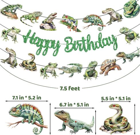 3Pcs Reptile Happy Birthday Banner Set - Green Glitter "Happy Birthday" + 2 Frog Lizard Snake Garlands, Pre-Assembled, for Reptile Themed Birthday Party Supplies in Kuwait