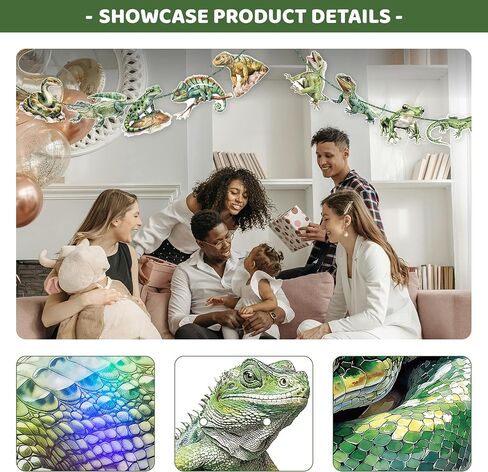 3Pcs Reptile Happy Birthday Banner Set - Green Glitter "Happy Birthday" + 2 Frog Lizard Snake Garlands, Pre-Assembled, for Reptile Themed Birthday Party Supplies in Kuwait