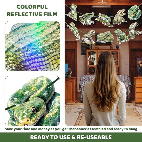 3Pcs Reptile Happy Birthday Banner Set - Green Glitter "Happy Birthday" + 2 Frog Lizard Snake Garlands, Pre-Assembled, for Reptile Themed Birthday Party Supplies in Kuwait