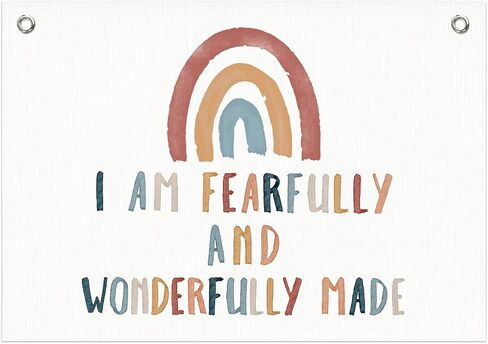 Christian Nursery Decor Wall Canvas Banner, Boho Rainbow I Am Fearfully and Wonderfully Made Wall Hanging Banner Flag for Kids Nursery Room Bedroom Classroom Decor, 20x30 Inch in Kuwait
