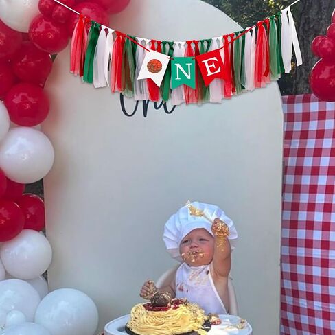 Meatball One High Chair Banner - Italian Picnic Themed First Birthday Highchair Banner, Our Little Meatball is One Birthday Party Decorations (meatball tassel) in Kuwait