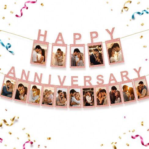 Champagne Gold Happy Anniversary Banner with DIY Photo Display, Glitter Picture Garland with Adhesive Dots, Anniversary Decorations for Wedding Anniversary, Engagement, Couple Party Supplies in Saudi Arabia