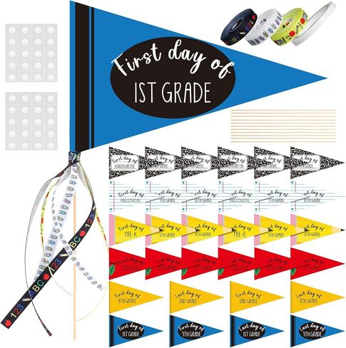 64 Pcs First & Last Day of School Flag Kit with Ribbon Stick Back to School Pennant Decor First Day of Preschool Flag Reusable 17 Grades Photo Prop for Preschool to College Classroom in Saudi Arabia