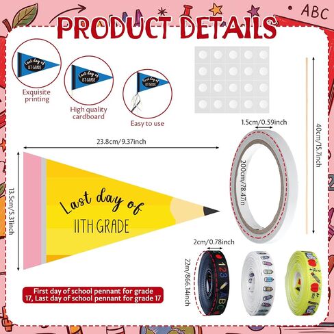 64 Pcs First & Last Day of School Flag Kit with Ribbon Stick Back to School Pennant Decor First Day of Preschool Flag Reusable 17 Grades Photo Prop for Preschool to College Classroom in Saudi Arabia