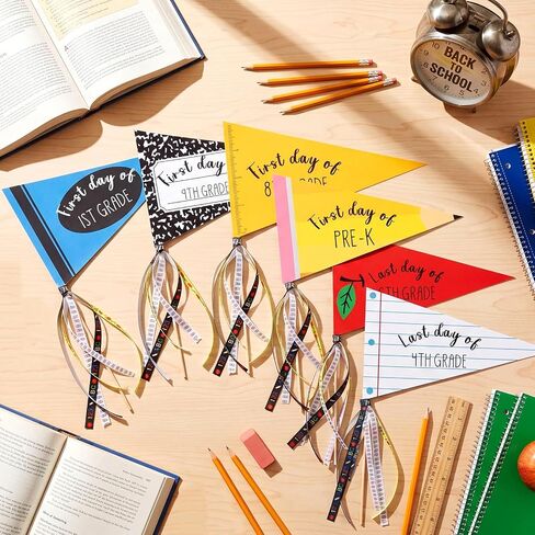 64 Pcs First & Last Day of School Flag Kit with Ribbon Stick Back to School Pennant Decor First Day of Preschool Flag Reusable 17 Grades Photo Prop for Preschool to College Classroom in Saudi Arabia