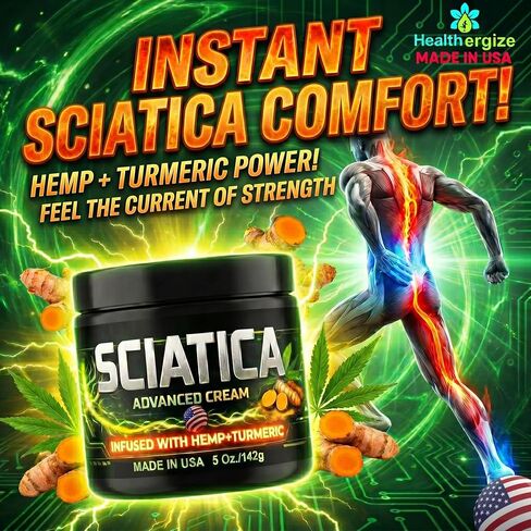 Sciatica Nerve Cream with Hemp Oil, Turmeric, Aloe & Lavender – Sciatic Nerve Comfort Cream for Lower Back & Legs – 5 oz – Non-Greasy Formula for Men & Women – Lab Tested, Made in USA in Saudi Arabia