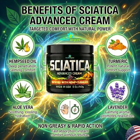 Sciatica Nerve Cream with Hemp Oil, Turmeric, Aloe & Lavender – Sciatic Nerve Comfort Cream for Lower Back & Legs – 5 oz – Non-Greasy Formula for Men & Women – Lab Tested, Made in USA in Saudi Arabia