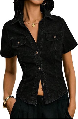 OYOANGLE Women's Short Sleeve Button Down Denim Jackets Collared Fitted Y2K Jean Shirt Tops in Kuwait
