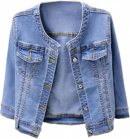 Kedera Stretchy Denim Jacket for Women Collarless 2026 Cardigan 3/4 Sleeve Crew Neck Crop Jean Jackets in Saudi Arabia