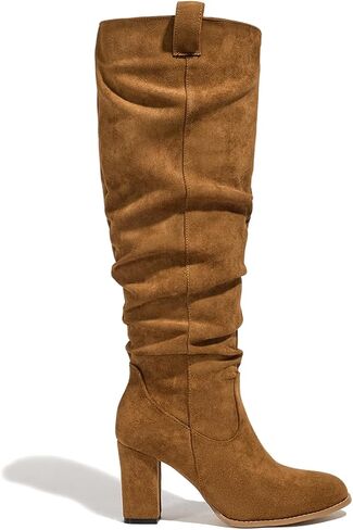 Seborluys Women's Suede Slouchy Knee High Boots Block High Heel Round Toe Tall Boots With Side Zipper Ruched Cowgirl Slouch Comfortable Dress Fashion Boot in Saudi Arabia