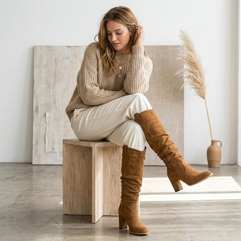 Seborluys Women's Suede Slouchy Knee High Boots Block High Heel Round Toe Tall Boots With Side Zipper Ruched Cowgirl Slouch Comfortable Dress Fashion Boot in Saudi Arabia