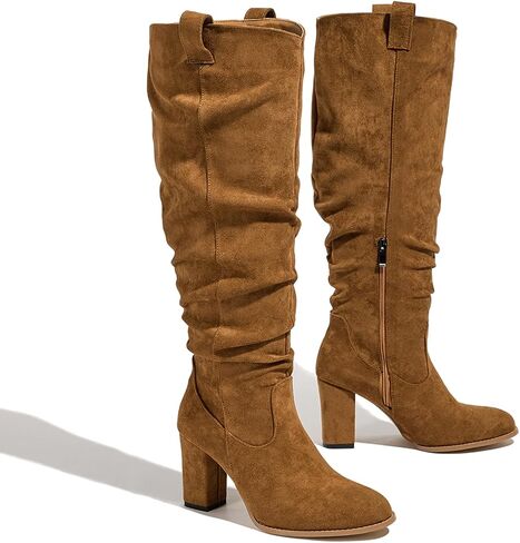 Seborluys Women's Suede Slouchy Knee High Boots Block High Heel Round Toe Tall Boots With Side Zipper Ruched Cowgirl Slouch Comfortable Dress Fashion Boot in Saudi Arabia