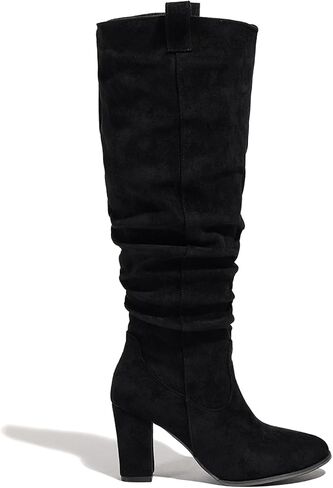 Seborluys Women's Suede Slouchy Knee High Boots Block High Heel Round Toe Tall Boots With Side Zipper Ruched Cowgirl Slouch Comfortable Dress Fashion Boot in Kuwait
