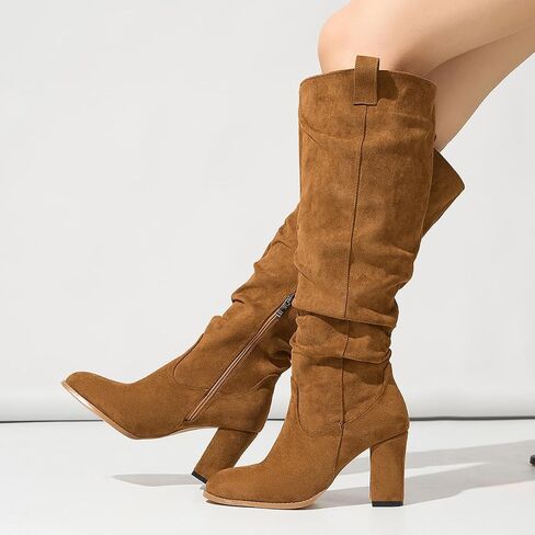 Seborluys Women's Suede Slouchy Knee High Boots Block High Heel Round Toe Tall Boots With Side Zipper Ruched Cowgirl Slouch Comfortable Dress Fashion Boot in Saudi Arabia