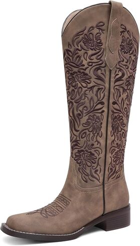 Women's Embroidered Cowboy Boots Knee High Cowgirl Riding Boots Low Block Heel Comfortable Pull On Western Square Toe Tall Boots in Saudi Arabia