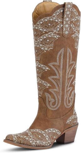Women's Cowboy Boots Rhinestone Embroidery Western Cowgirl Boots Knee-High Sparkly Concerts Wedding Boot Snip Toe Chunky Heel for Chic Party Rodeos in Saudi Arabia