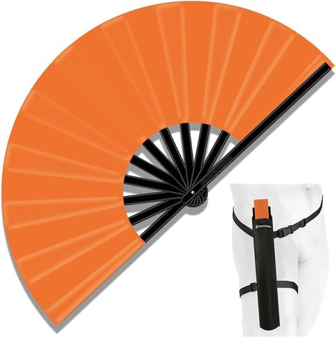 13" Large Folding Rave Fan with Holster, Clack Hand Fans Foldable for Line Dancing for Women Men Festival EDM Party Decoration, Black in Saudi Arabia